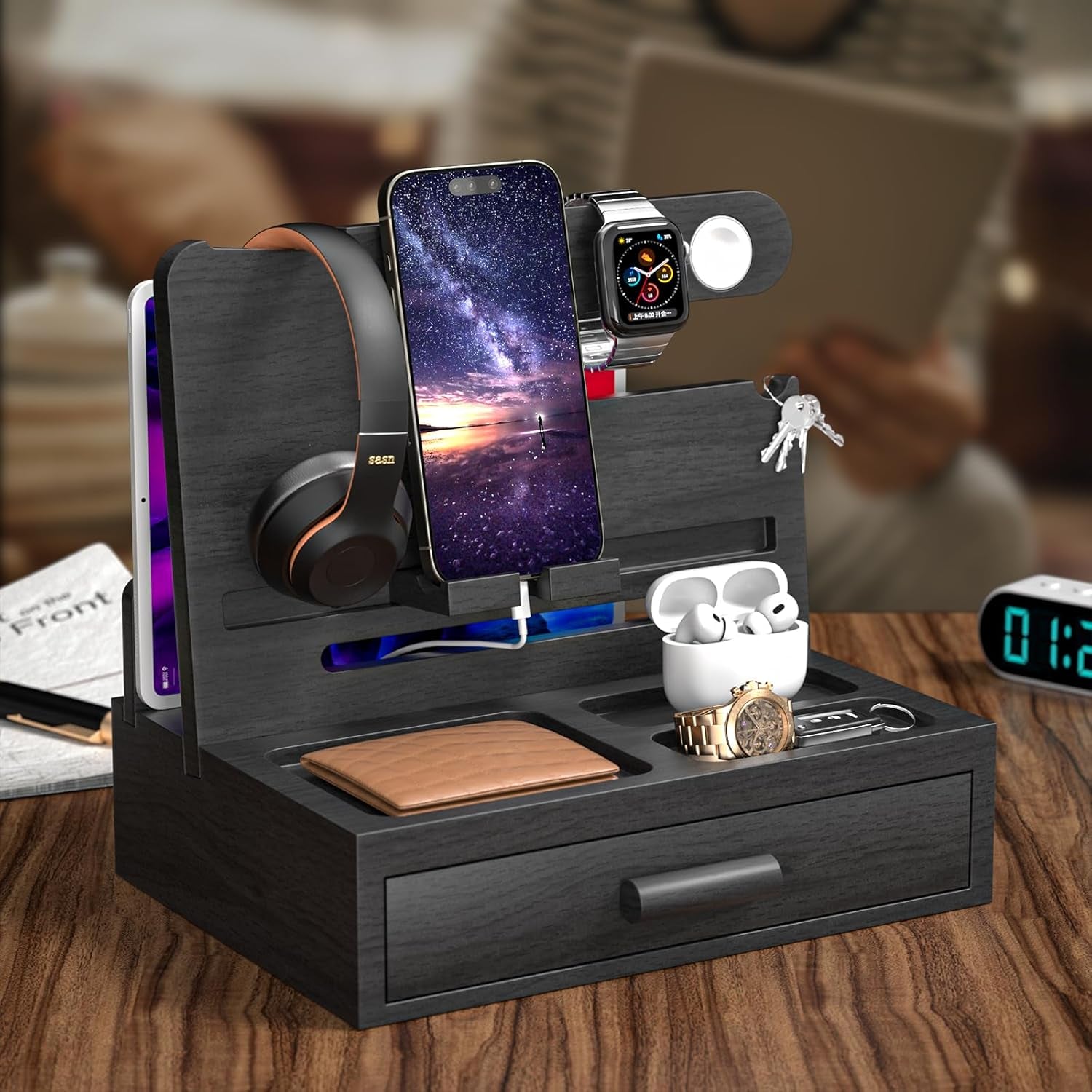 Phone Docking Station for Men - Stocking Stuffers for Men Boyfriend, Nightstand Organizer Bedside Organizer, Gift for Men, Mens Gifts for Christmas, Birthday Gifts for Men, Gift for Husband (Black)