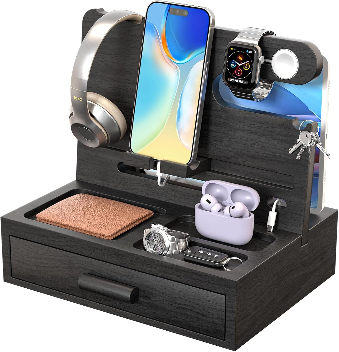 Phone Docking Station for Men - Stocking Stuffers for Men Boyfriend, Nightstand Organizer Bedside Organizer, Gift for Men, Mens Gifts for Christmas, Birthday Gifts for Men, Gift for Husband (Black)