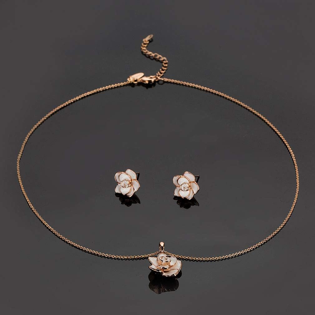 Rose Flower Necklace Earrings Set for Women 