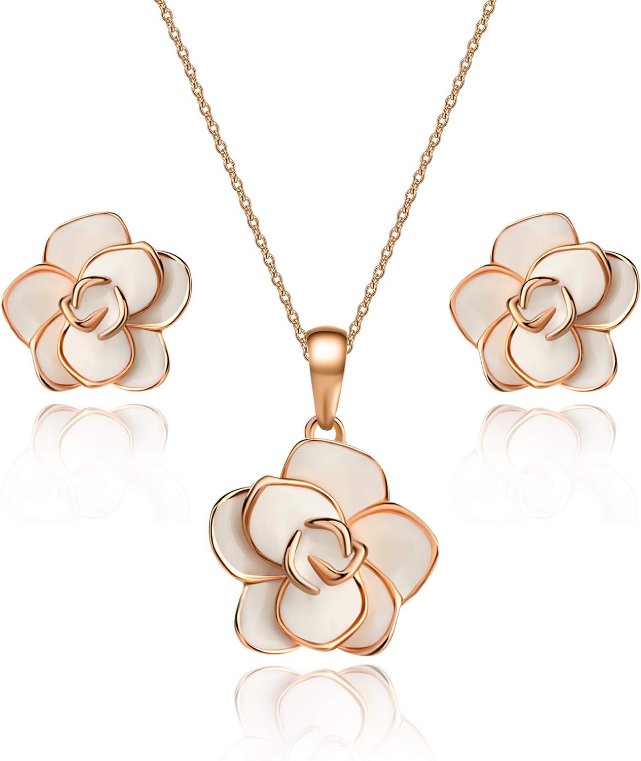 Rose Flower Necklace Earrings Set for Women 