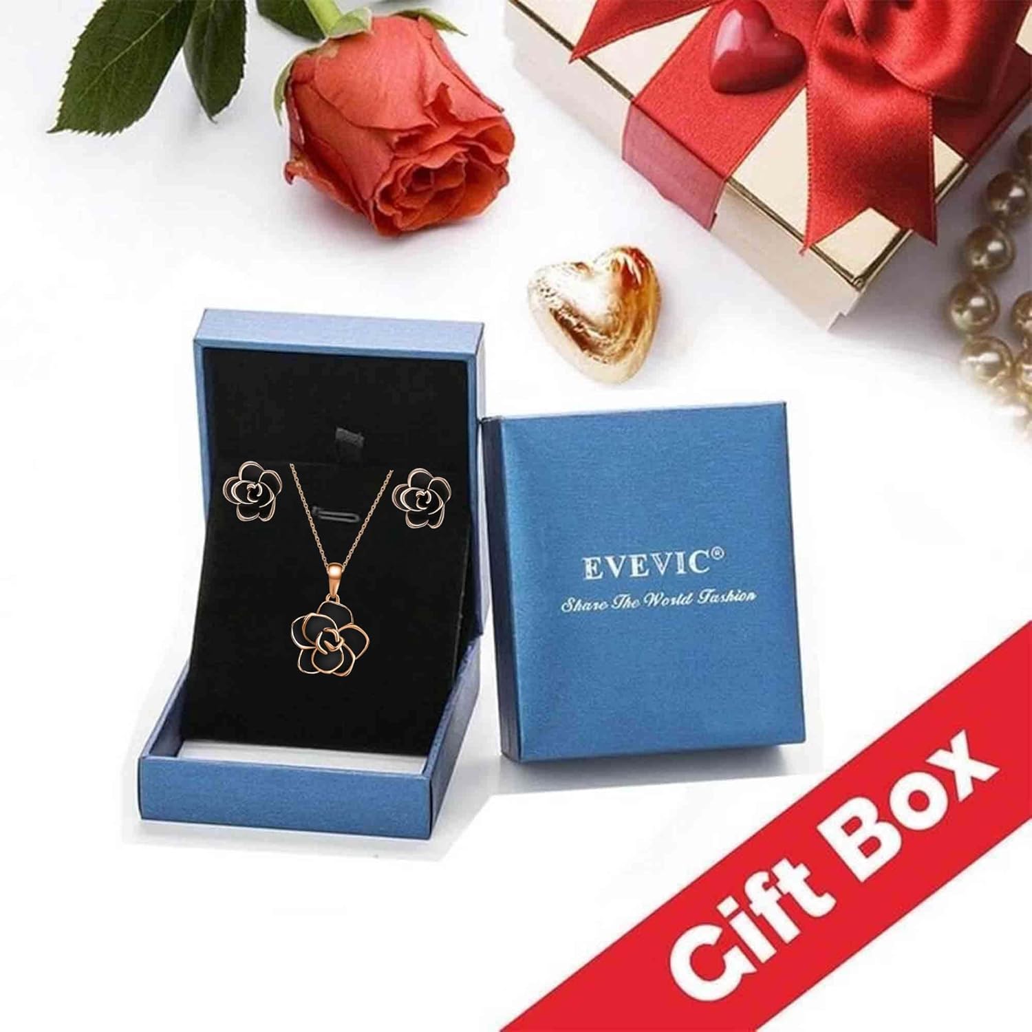 Rose Flower Necklace Earrings Set for Women 
