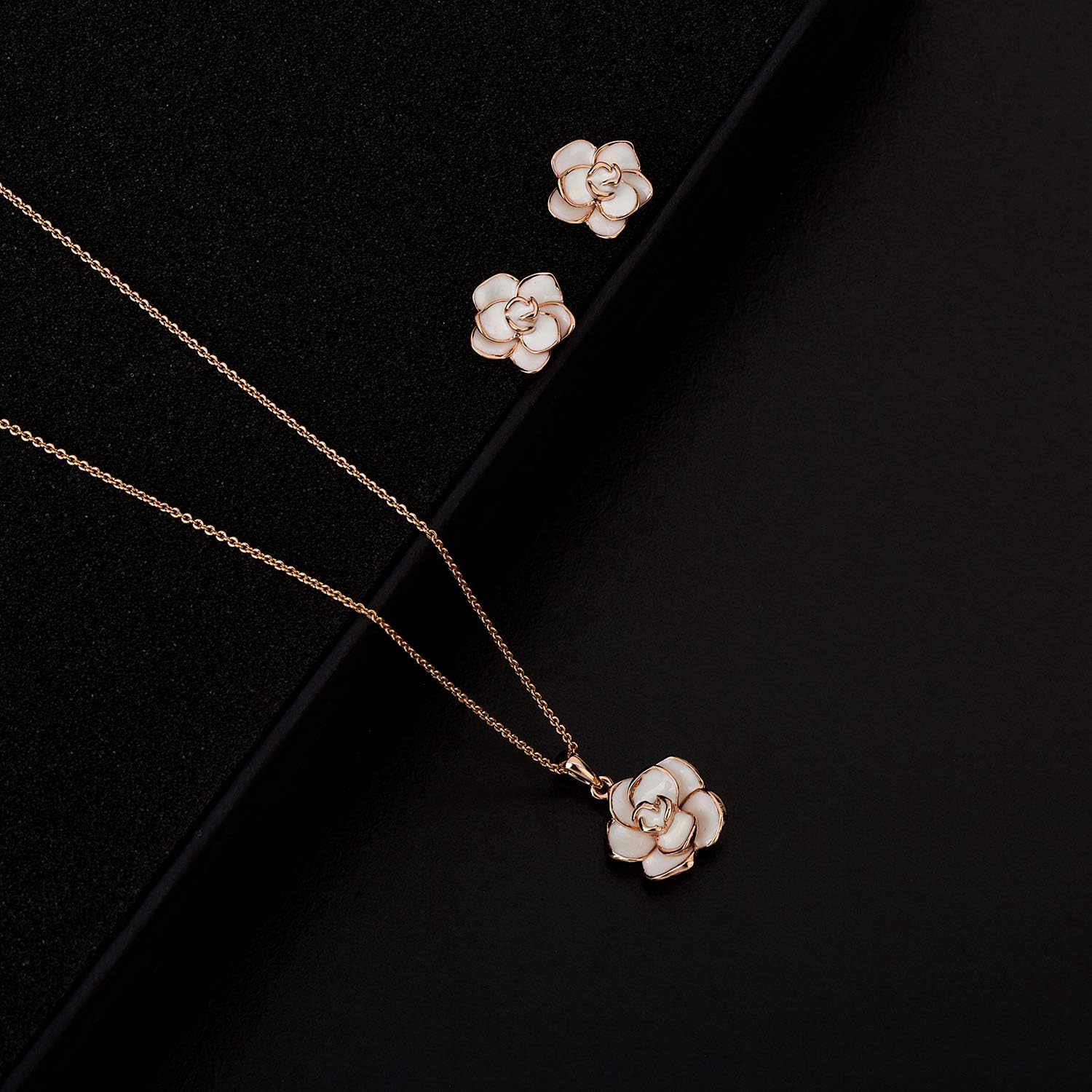 Rose Flower Necklace Earrings Set for Women 